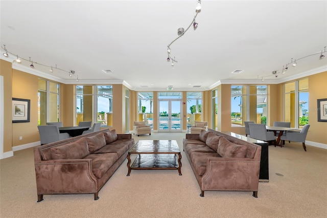 carpeted living room with ornamental molding and plenty of natural light