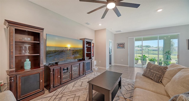 living room with ceiling fan