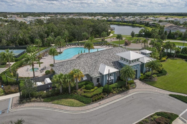 aerial view featuring a water view