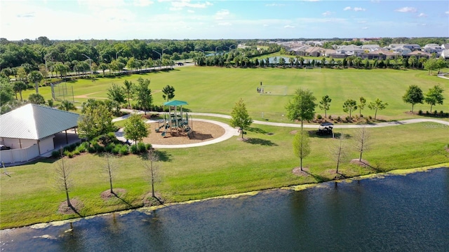 drone / aerial view featuring a water view