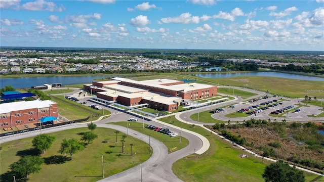 drone / aerial view with a water view