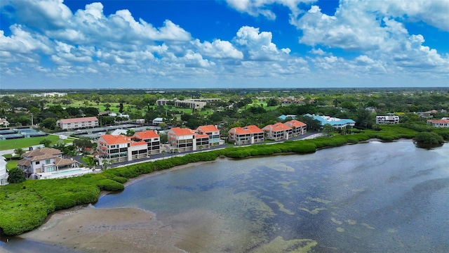 drone / aerial view with a water view