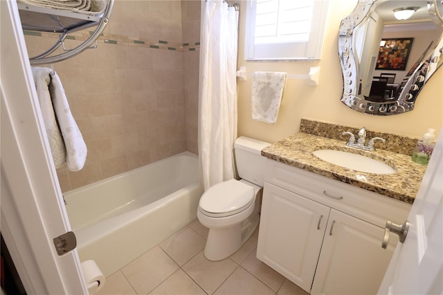 full bathroom with vanity, tile patterned flooring, toilet, and shower / bathtub combination with curtain