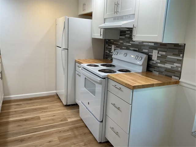 kitchen featuring baseboards, under cabinet range hood, butcher block countertops, white range with electric cooktop, and backsplash