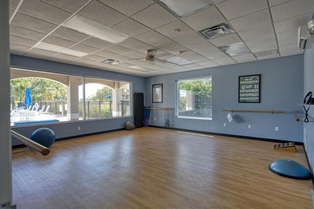 workout room featuring hardwood / wood-style flooring, a drop ceiling, and plenty of natural light