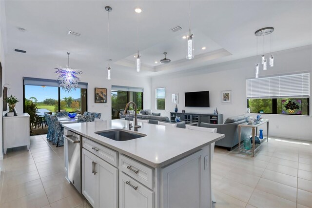 kitchen with an island with sink, a tray ceiling, plenty of natural light, and sink