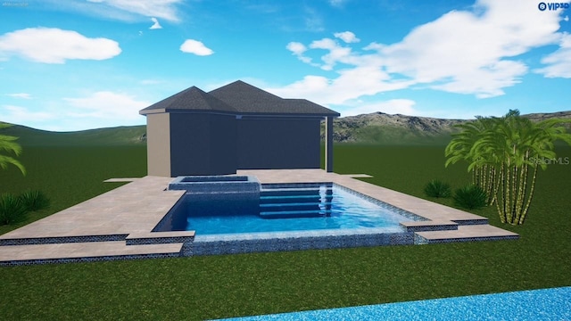 view of swimming pool featuring a water and mountain view and a yard