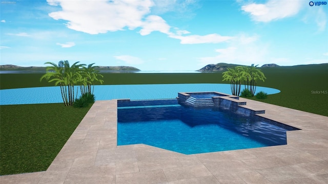 view of pool with an in ground hot tub, a water view, a yard, and pool water feature