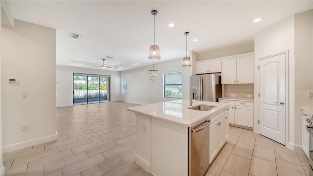 kitchen featuring white cabinets, a sink, appliances with stainless steel finishes, visible vents, and backsplash