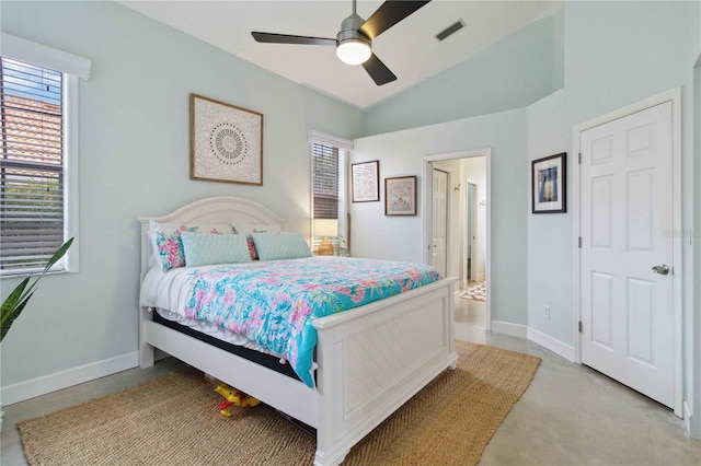 bedroom featuring ceiling fan and vaulted ceiling