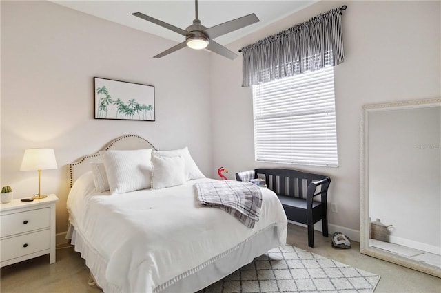 bedroom with light carpet and ceiling fan