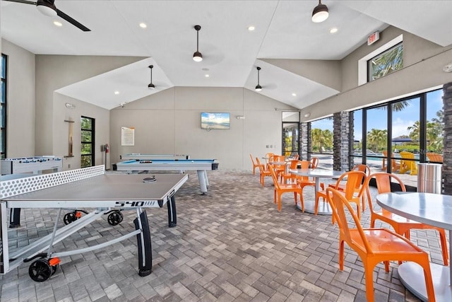 game room with high vaulted ceiling, a ceiling fan, and recessed lighting