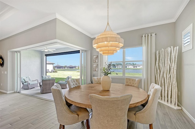 dining space with plenty of natural light, ceiling fan, and light hardwood / wood-style flooring