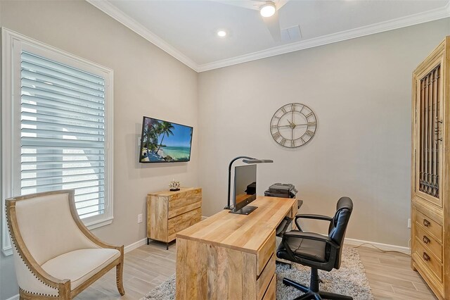 office area featuring ornamental molding and light hardwood / wood-style floors