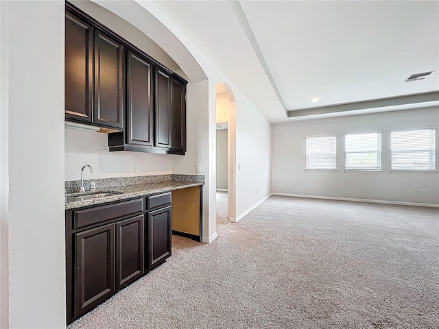 kitchen featuring light stone countertops, dark brown cabinets, light colored carpet, and sink