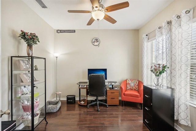 office area with dark hardwood / wood-style floors and ceiling fan