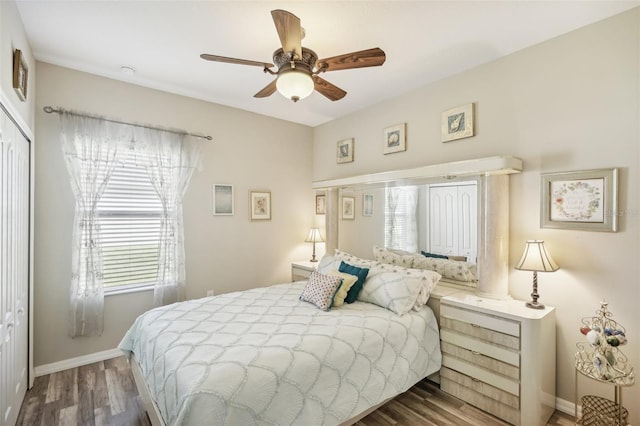 bedroom with a closet, ceiling fan, and hardwood / wood-style floors