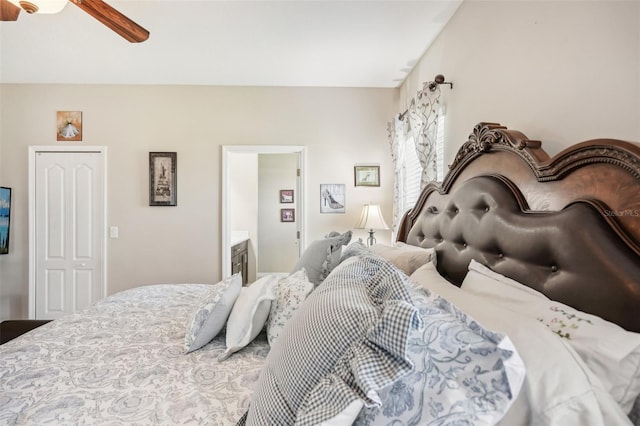 bedroom featuring ensuite bath and ceiling fan