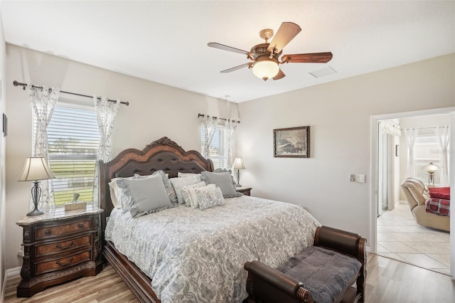 bedroom featuring ceiling fan and light hardwood / wood-style floors