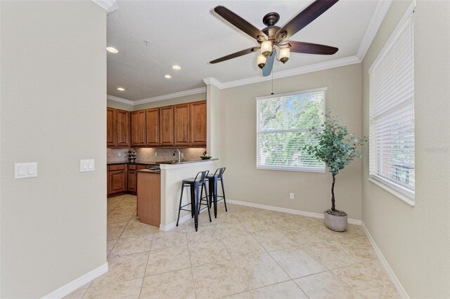 kitchen with a wealth of natural light, ceiling fan, a kitchen bar, and kitchen peninsula