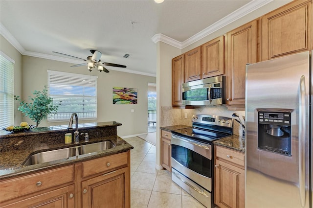 kitchen with ceiling fan, stainless steel appliances, sink, and a wealth of natural light