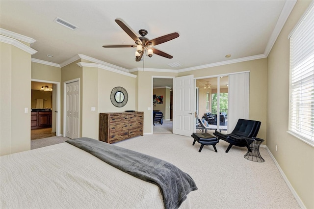 bedroom with crown molding, access to outside, light carpet, and ceiling fan