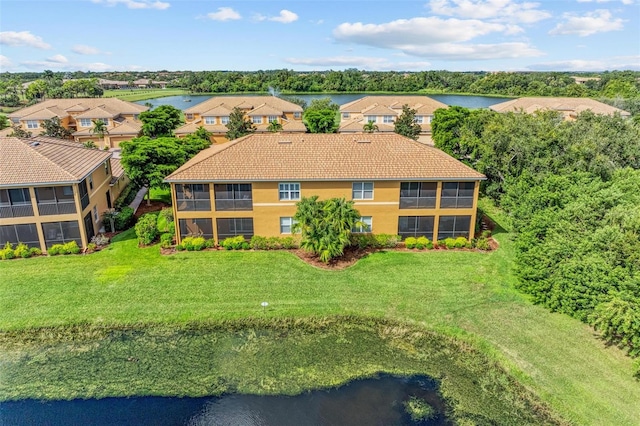 drone / aerial view featuring a water view