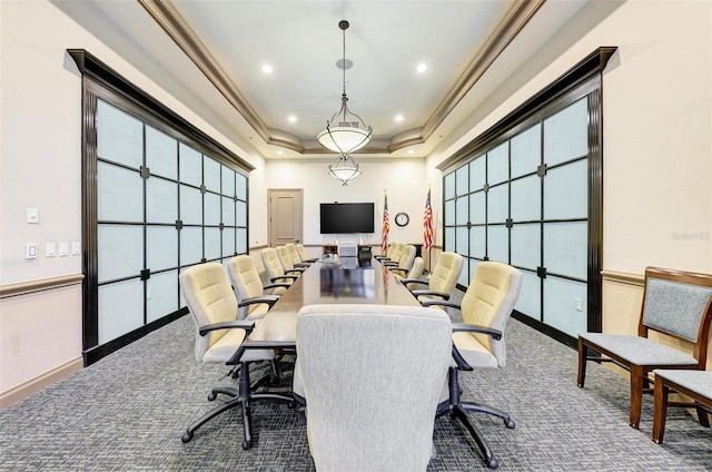 office with carpet, a tray ceiling, and ornamental molding