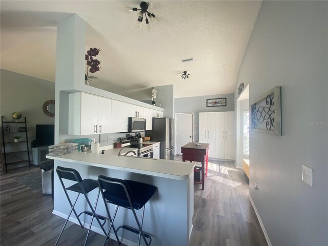 kitchen featuring dark wood-type flooring, kitchen peninsula, vaulted ceiling, white cabinetry, and stainless steel appliances