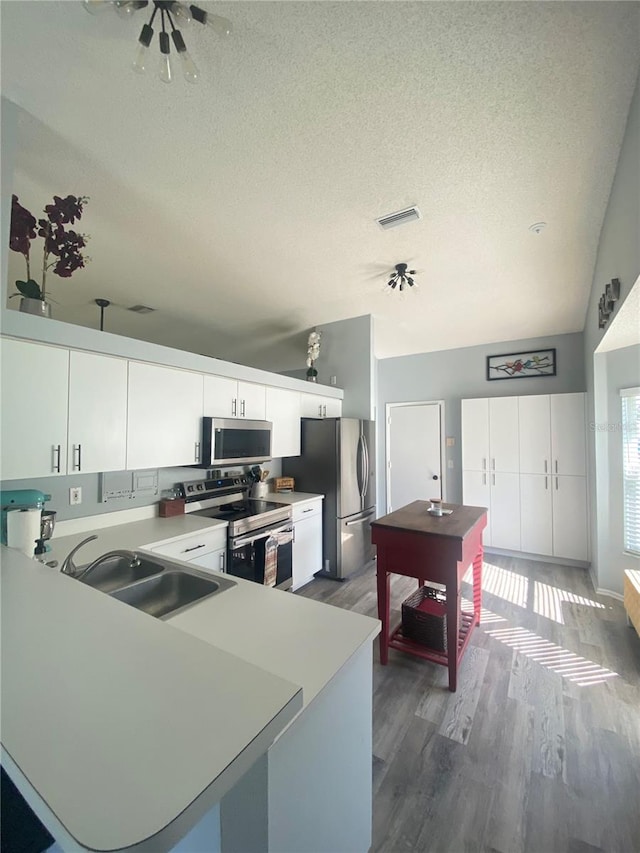 kitchen featuring dark wood-type flooring, sink, a textured ceiling, white cabinetry, and stainless steel appliances