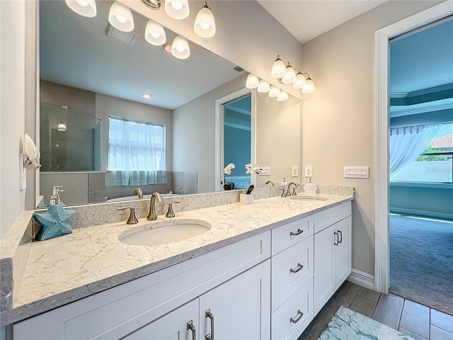 bathroom with walk in shower, vanity, and plenty of natural light