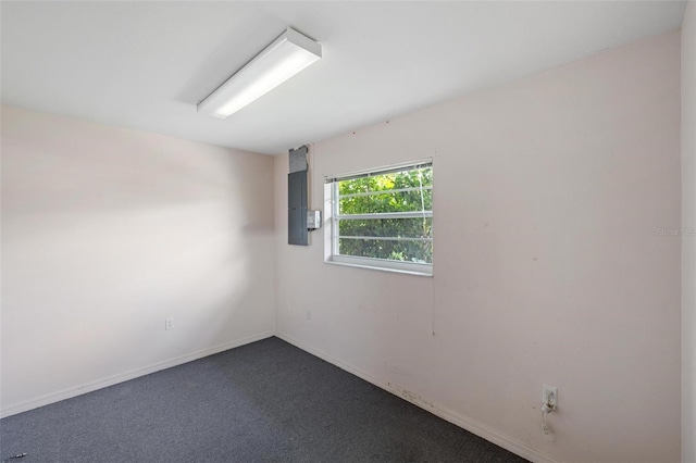 unfurnished room featuring carpet and electric panel