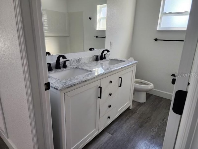 bathroom with vanity, toilet, and hardwood / wood-style flooring