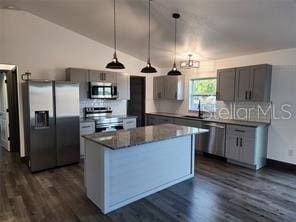 kitchen with stainless steel appliances, lofted ceiling, decorative light fixtures, and dark hardwood / wood-style flooring