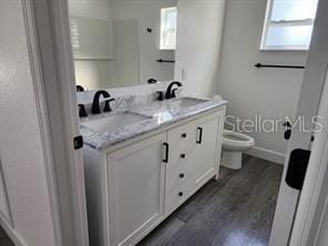 bathroom with wood-type flooring, vanity, and toilet