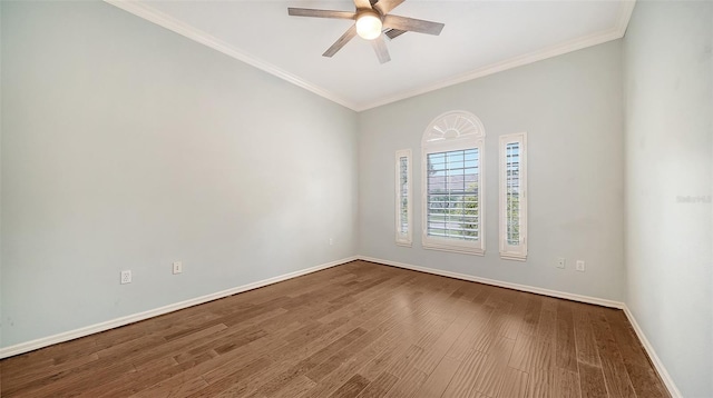 unfurnished room with ceiling fan, ornamental molding, and hardwood / wood-style floors