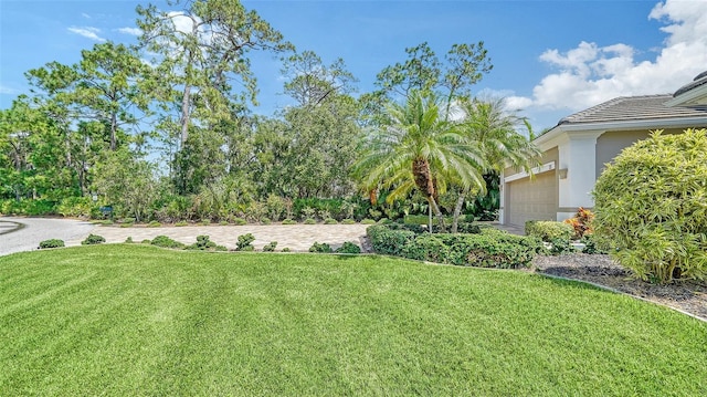 view of yard with a garage