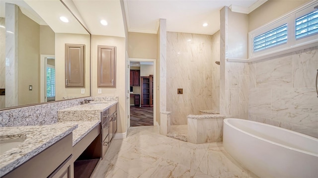 bathroom featuring independent shower and bath, vanity, tile walls, and ornamental molding