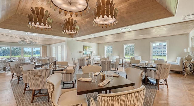 dining area with wooden ceiling and ceiling fan