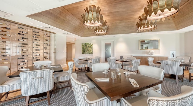 dining room with a tray ceiling and wooden ceiling