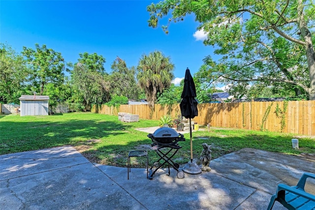 view of patio / terrace with a shed