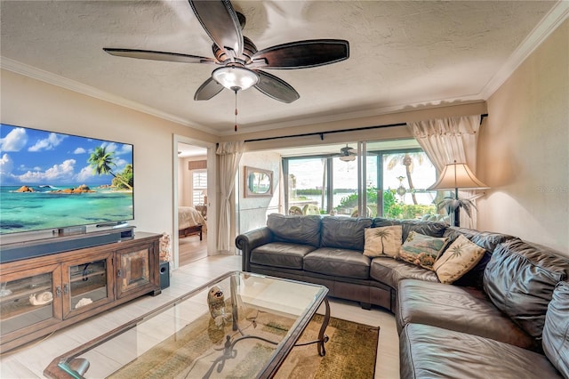 living room with a textured ceiling, crown molding, and ceiling fan