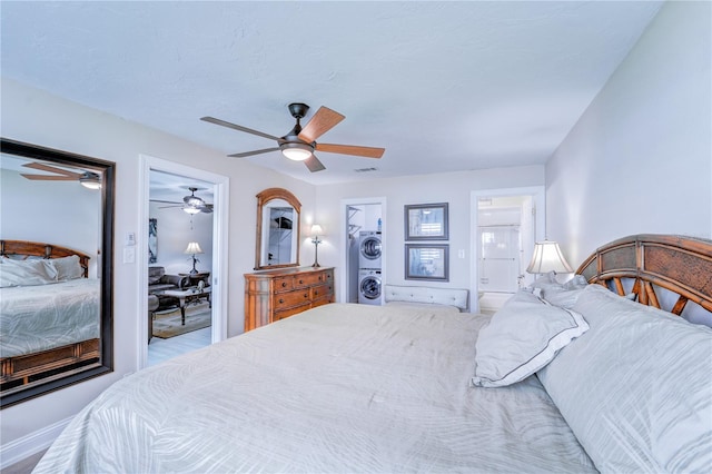 bedroom with ceiling fan and a closet