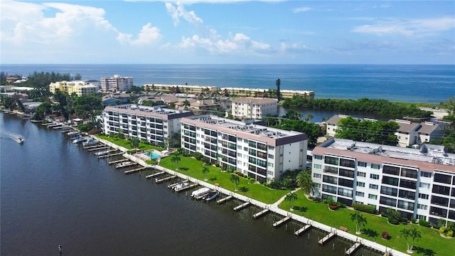 bird's eye view with a water view