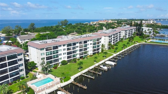 drone / aerial view with a water view