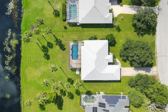 drone / aerial view featuring a water view