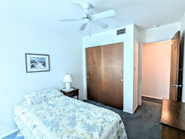 carpeted bedroom featuring ceiling fan and a closet