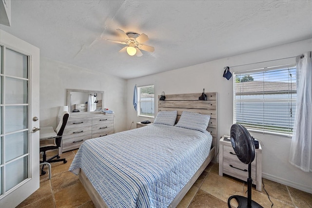 bedroom featuring ceiling fan and a textured ceiling