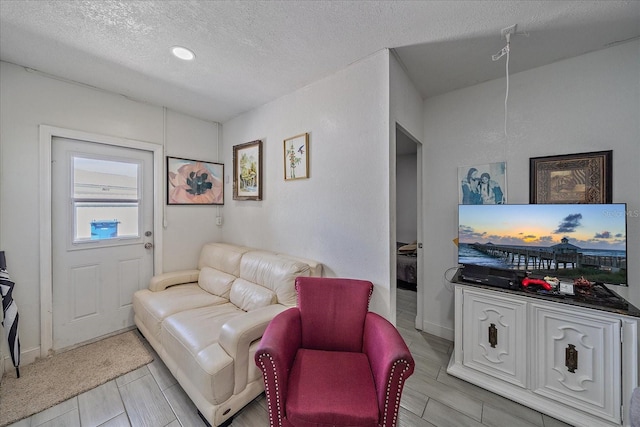 living room featuring light hardwood / wood-style floors and a textured ceiling