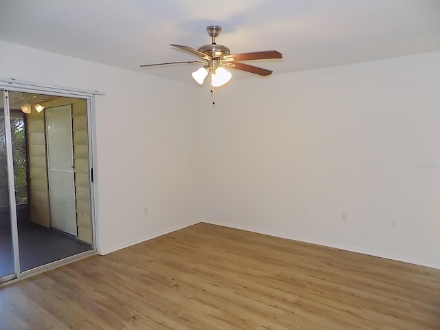 unfurnished bedroom featuring light wood-type flooring and ceiling fan